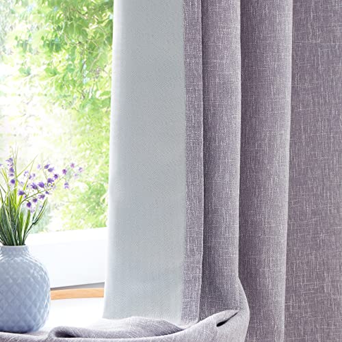 Image of Lavender Solid Full Blackout Curtain Heavy Linen Texture Window Treatment for Bedroom Thermal Insulated Noise Reduction Drapes 8 Grommets Top for Living Room with Liner, Purple, 50"x63", 2 Panels
