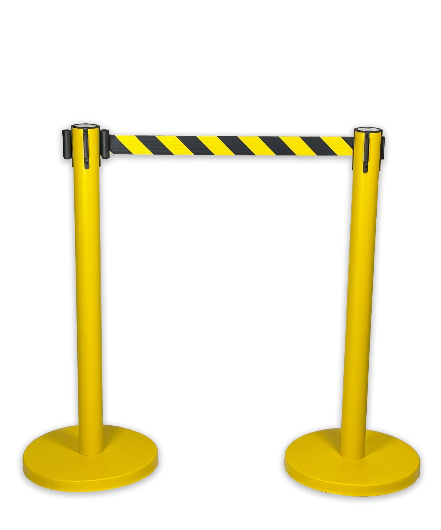 UvV BounceLine Personenleitsystem, Absperrpfosten, Edelstahl gelb beschichtet, 2 Pfosten 90 cm Hoch je 3 m Gewebeband (Stahl 8 kg (Heavy), gelb schwarz/gelb)