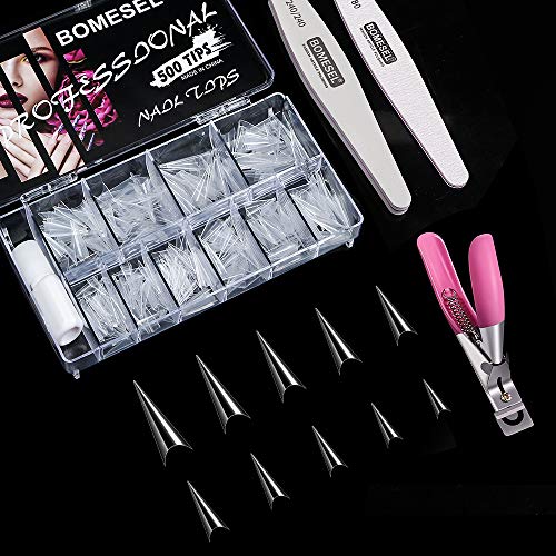 BOMESEL Clear Fake Nail Stiletto Shape Nails Tips 500Pcs Half Cover False Nail Tips with Acrylic Nail Clipper and 2Pcs Nail Files for Nail Salons and DIY Nail Art 10 Sizes
