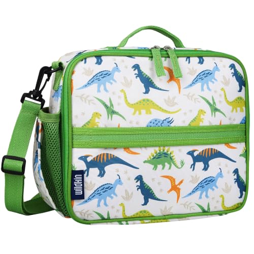 Image of Wildkin Dinosaur Adventures ECO Lunch Box | 11 x 9.5 x 3.5 in insulated rPET lunch box with bottle pocket, interior mesh pocket and removable shoulder strap.