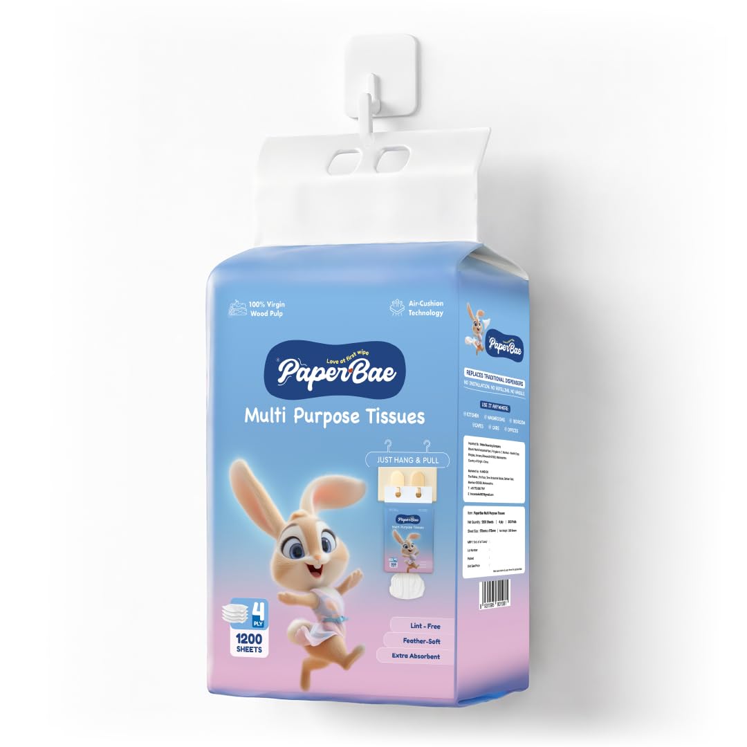 imported paperbae 4-ply hanging multi-purpose facial tissues | 300 pulls | 1200 sheets | hang & pull design | super soft, tough & highly absorbent | hygienic multipurpose tissues | pack of 1