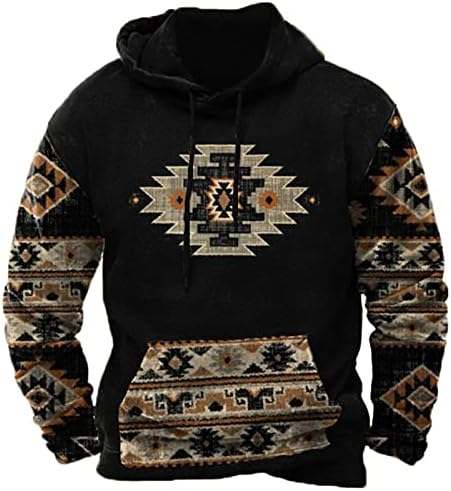 Men's Western Aztec Sweatshirts Pullover Tops Plus Size Slim Ethnic Print Graphic Drawstring Hoodies with Pocket