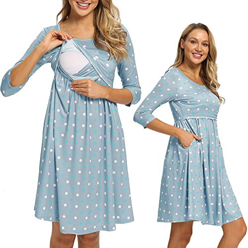 Image of GLAMIX Women's Nursing Dress 3/4 Long Sleeve Casual Breastfeeding Dresses with Pockets