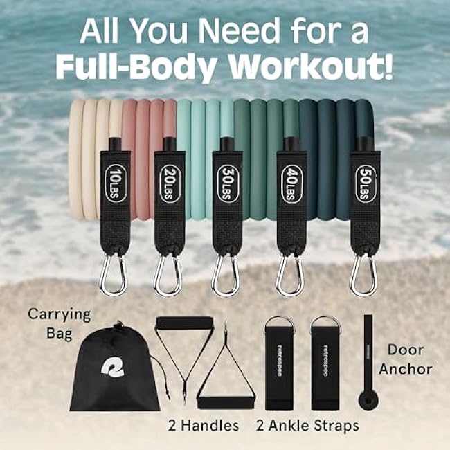 Retrospec Train Resistance Bands Set (5pc) Workout Bands w/Handles, Door Anchor, Carry Bag for Women & Men, Smoothie