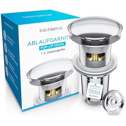 Bächlein Universal Waste Set with Overflow for washbasin & Vanity - Chrome pop-up Valve - incl. 3 Seals for washbasins of All Kinds, Waste Valve Waste Set - Installation with Instructions Cover