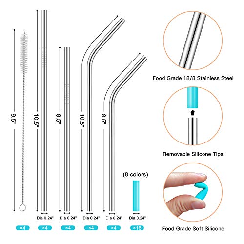 Strawexpert Set Of 16 Reusable Stainless Steel Straws With Travel Case Cleaning Brush Silicone Tips Eco Friendly Extra Long Metal Straws Drinking For 20 24 30 Oz Tumbler #TOP5