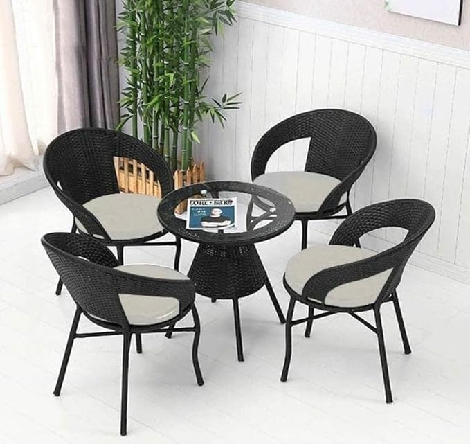 Image of D-12 4 Chair 1 Table with Cushion Seating Table & Chair Set for Outdoor, Balcony, Garden, Coffee Table Set Conversation Set, Furniture with 1 Table (Brown & Cream)