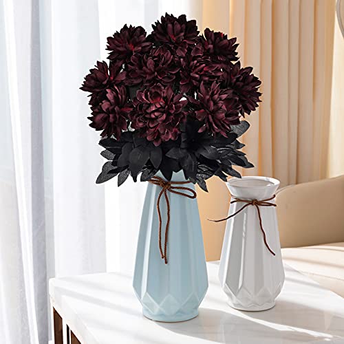 Hamore 10Pcs Burgundy Flowers Wine Red Dahlias Flower Faux Dahlia Stems Artificial Silk Dahlia Bouquet Long Stem Flowers For Halloween Wedding Bridal Bouquet Harvest Table Centerpieces Home Decor, 16" #TOP1