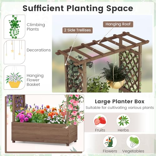 COSTWAY Garden Planter with Trellis, Hanging Roof and Drainage Holes, Weather-Resistant Wooden Raised Bed for Vine Climbing Plants, Outdoor Trough Container Grow Box Flower Pot (Coffee, 110x44x180cm)