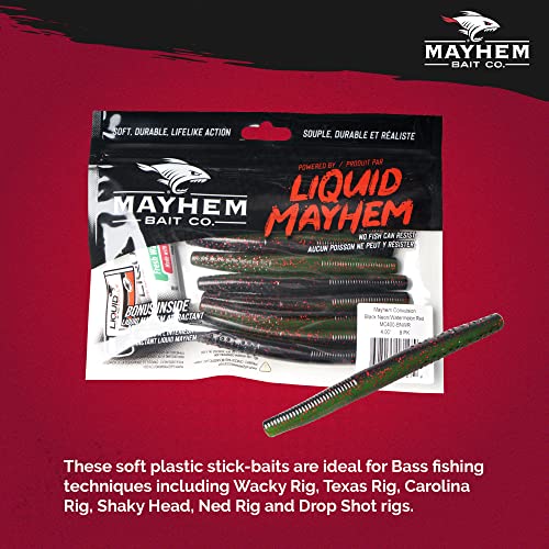Liquid Mayhem Convulsion, 4" Soft Plastic Bass Lures – Easy to Rig with Lifelike Action – Includes Bonus 10ml Attractant Gel – 3 Packs (24 Stick Baits) – Black Neon/Watermelon Red - Thumbnail 4
