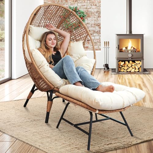 NICESOUL® Indoor Outdoor Stationary Wicker Egg Chair Oversized Thick Cushions Egg Seat with Ottoman, 440lbs Egg Basket Lounge Chair with Footrest, Boho Chair for Patio Balcony Bedroom Beige