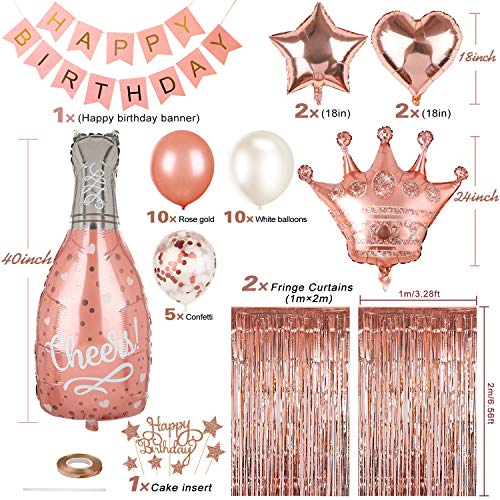 Rose Gold Party Decorations Set,Happy Birthday Confetti Balloons With Diy Cake Topper, Banner, Fringe Curtain,Champagne Foil Balloons,Star Heart Foil Balloons,Crown Balloons For Birthday Supplies #TOP1