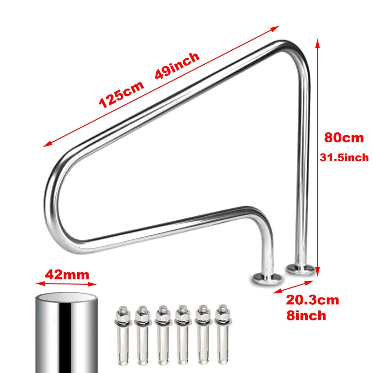 Barandilla De Piscina De Acero Inoxidable 304, Pasamanos De Piscina De Seguro Y Antideslizante, 250kg Capacidad De Carga, Fácil Montaje, 125x80cm (Size : 1 PCS)