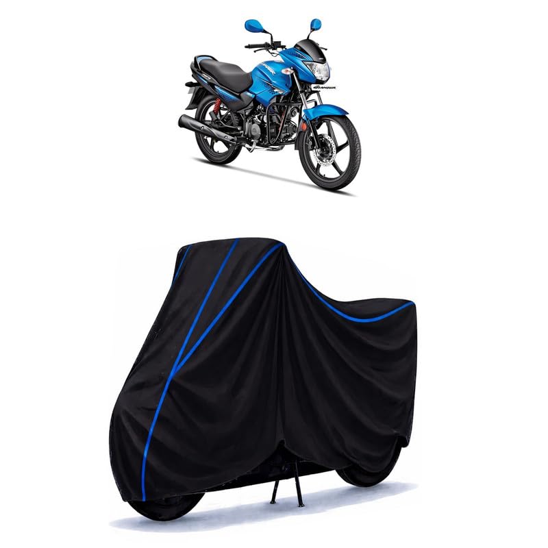 Image of Hero Glamour Programmed FI Bike Cover Water Resistant Universal Motorcycle Rain | Heavy Duty UV Protection, Dust, Scratch Indoor Outdoor All Weather with Black Blue Piping Elastic