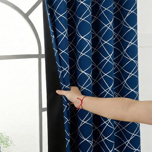 Story@Home 100% True Blackout Window Curtains 5 Feet Long Set of 2 | Criss Cross Printed | Room Darkening Curtain | Thermal Insulated Curtains for Living Room | (116 x 152 cm, Blue)