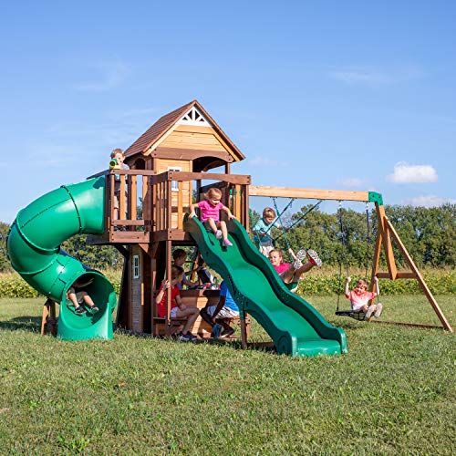 Image of Backyard Discovery Cedar Cove Wood Swing Set with Spiral Tube and Wave Slide, Clubhouse, Toy Grill, Snack Bar, Rock Wall, Belt Swings, Web Swing, Balcony,Chalkboard, Ladder,Outdoor Playset 10 Years