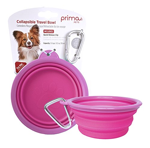 Prima Pet Expandable/Collapsible Silicone Food & Water Travel Bowl with Clip for Small & Medium Dog and Cat, Size: 1.5 Cups (5.1 Inch Diameter Bowl) (Pink)