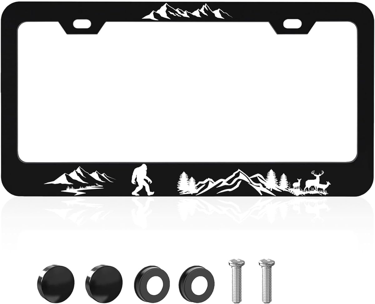 Black Forest Bigfoot License Plate Frame, Personalise Car Frames Universal Metal Cars Accessories Decor with 2 Holes and Screws Fit Vehicles Size 12.2 X 6 Inch