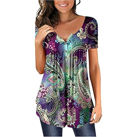 YUGYUJ Womens Summer Tops Hide Belly Tunic Short Sleeve T Shirts Flowy Henley Tshirt Casual Dressy Blouses for Leggings Cover