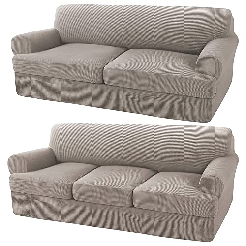 Turquoize 4 Pieces Sofa Covers for 2 Individual T Cushion Couch Sofa Slipcover Bundle 3 Pieces Sofa Slipcover, Taupe