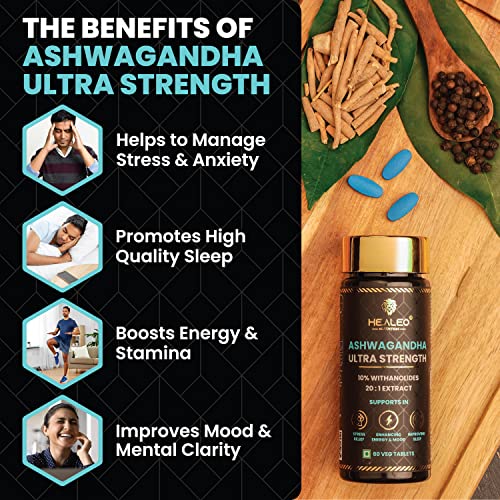 Image of Healeo Ashwagandha Ultra Strength 710mg - 10% Withanolides, 20:1 Extract, 2x Stronger than KSM 66 Ashwagandha - Anxiety & Stress Relief, Energy & Mood Enhancer - Lab Tested - 60 Veg Tablets