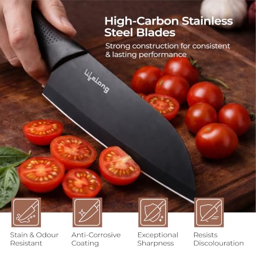 Image of Lifelong High-Carbon Stainless Steel Knife Set of 3 with Protective Cover | Non-Slip PP Handle, Black Color Coated, Sharp Edge for Professional Cutting, Chopping, Dicing & Slicing at Home & Restaurant
