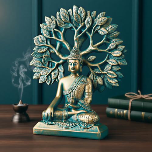 Image of Global Grabbers Buddha Statue Showpiece Idol Home Decor Decoration Items for Living Room and Gifts (Antique Golden Blue)