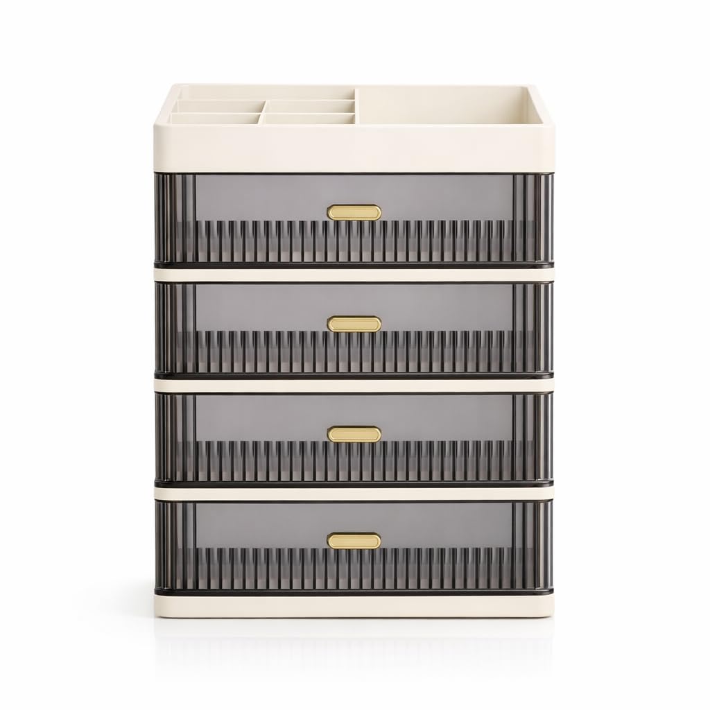 KREPS® Desk Makeup Organizer, Plastic Storage Box with Sliding Drawer, Stylish Display Case for Cosmetics, Lotion, Nail Polish,Brushes,and Jewelry (Cream, 4 - Layer)-image-32