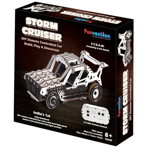 Image of Funvention DIY Storm Cruiser Remote Controlled Car Kit | Build & Race Wooden RC Car Model | Glue-Less Assembly | Dual Motors, 2.4GHz Remote, Rechargeable Battery | STEM Learning Toy for Kids 8+