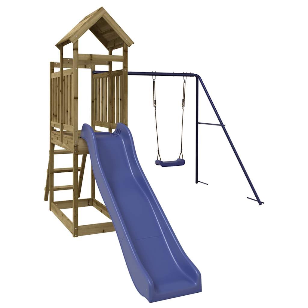 Wieża do zabawy z impregnowanego ciśnieniowo drewna sosnowego ze zjeżdżalnią, huśtawką, drabinką i piaskownicą do ogrodu, platforma 90 cm, 242 x 304 x 214 cm, dla dzieci w wieku od 3 do 8 lat