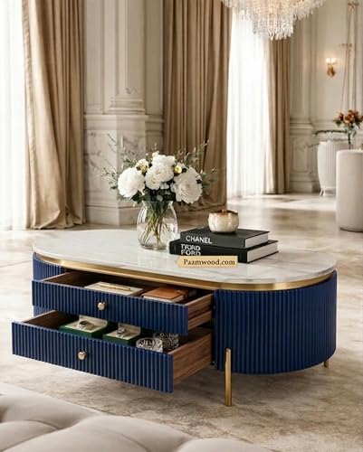 Image of Tesla Centre Table, 42x24x18 Inch, Nano Composite White Marble Top, Gold Accents, 2-Drawer Storage, Oval Design, Waterproof Plywood, PVD Legs, Modern Coffee Table for Living /Entryway