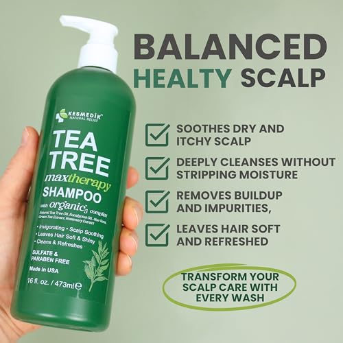 Image of KESMEDIK Tea Tree Shampoo MaxTherapy with 100% Tea Tree Oil for Hair, Helps Refresh Itchy Scalp, Deep Clean Oily Hair, Dandruff & Buildup, Sulfate-Free, Women & Men, 16 fl oz