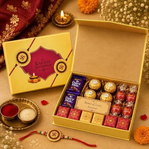 Image of Raksha Bandhan Gift Box with 12 Compartments | Premium Hard Board Festive Packaging Box with Golden Tray | Reusable Empty Gift Box for Dry Fruits Chocolates Sweets and Rakhi Gifting, Yellow, Pack of 1