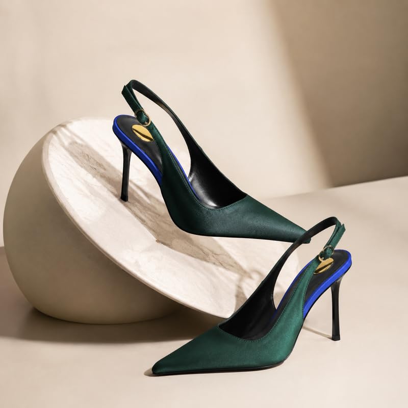 Image of Satin Slingback Pumps Women Floral Knot Pointed Toe Stiletto Heels | Slim stiletto heel, smooth satin upper, Floral accent, knot detail, pointed toe, dress pumps work, parties and wedding looks