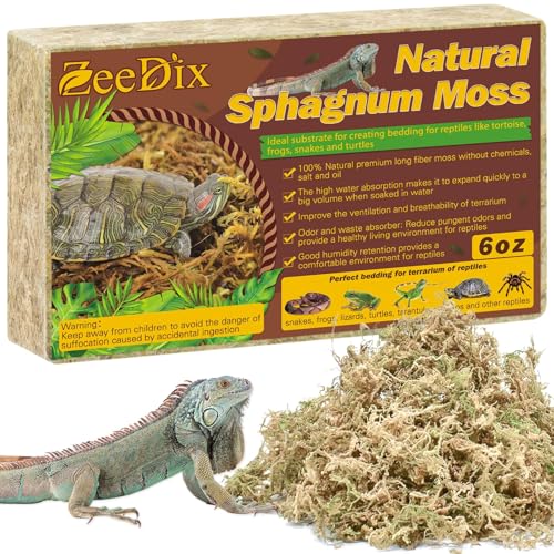 ZeeDix 6 OZ Long Fiber Sphagnum Moss for Reptiles 8QT Natural Dried Terrarium Reptile Moss Bedding Substrate for Leopard Gecko Tortoise Snakes Frogs Ball Python & Other Reptiles