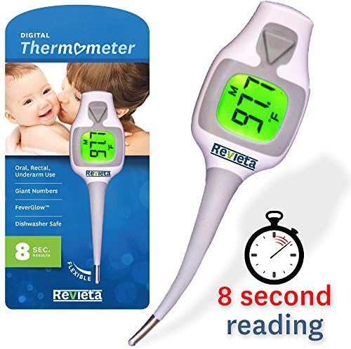 Medical Thermometer for Oral, Rectal and Axillary Use - Fast 8 Second Readings - Flexible Tip - FeverGlo by Revieta