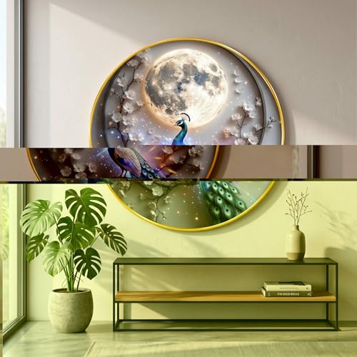 Image of SAF Peacock Moon Wall Painting with Golden PVC Frame Round Night Scene Bird Artwork Decorative Wall Decor for Living Room Bedroom Home Office Elegant Gift Item (23 x 23 Inch) GR-370