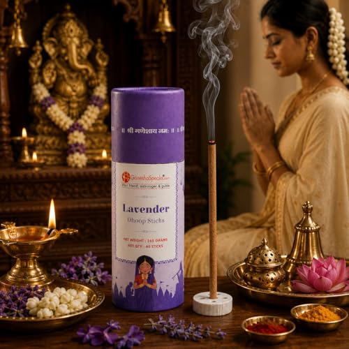 Image of GaneshaSpeaks Bambooless Dhoop Sticks with Lavender Fragrance | 40 Pieces | Handcrafted by Skilled Artisans | Eco-Friendly | Pure Aroma | Free Ceramic Stand