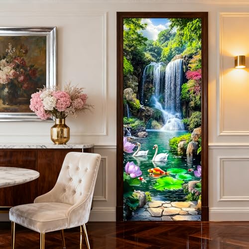 Image of Nuxovilar Swan Pond Door Stickers Peel Stick PVC 30.3x78.7 Inches