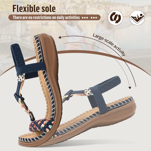 Image of Littleplum Women Sandals Arch Support Handmade Bohemian Braided Flat Sandals Comfort Walking Beach Ankle Elastic Summer Shoes