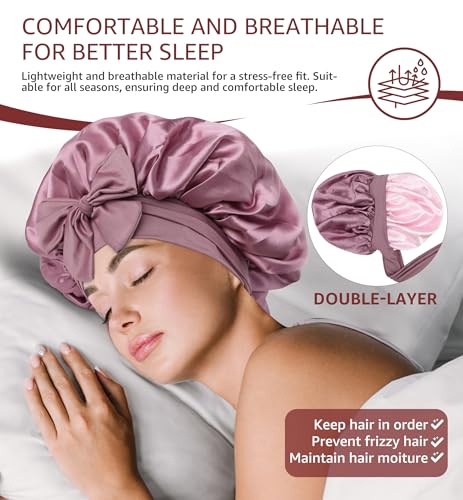 HiRui Silk Satin Bonnet for Sleeping Women, Double-Layer Sleep Cap Shower Cap with Adjustable Tie, Moisture Retaining Satin Lined Hair Bonnet for Curly and Natural Hair (Blush Pink/Pink, Medium) - Image 4