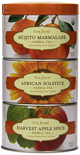 Tea Forte LOOSE LEAF TEA TRIO, 3 Small Tea Tins, Herbal Tea Sampler - Mojito Marmalade, African Solstice, Harvest Apple Spice