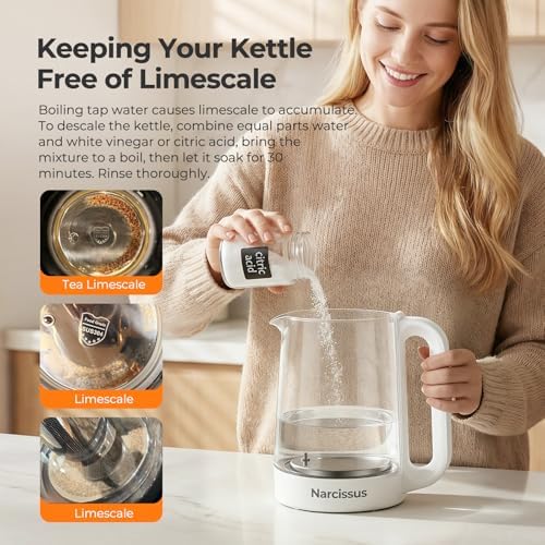 Narcissus Electric Kettle Temperature Control Β±5β, 1.8L Glass Electric Tea Kettle with Removable Infuser for Flowers & Fruit Tea, 1200W Fast Boiling, 6 Hours Keep Warming, White - 5