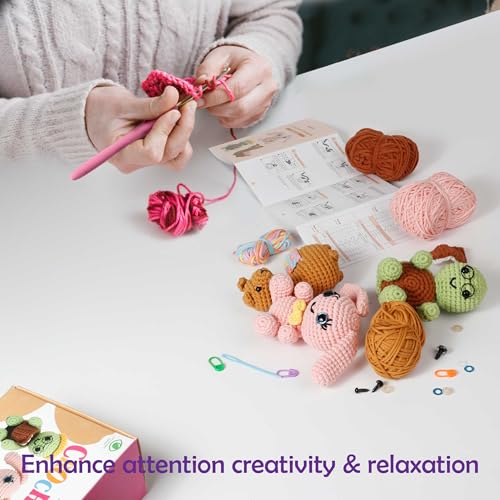 Image of A-URA 3-in-1 Learn to Crochet Kit for Beginners Kids and Adults, Premium Pattern Sunflower, Panda Cactus, Hanging Pot Plant Beginner Crochet Kits with Easy Tube Yarn (3, Animal Pattern)