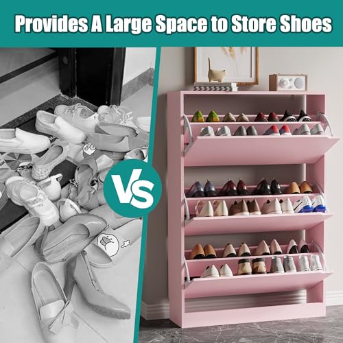 Image of Xixini Shoe Storage Cabinet for Entryway with 3 Flip Drawers, Sturdy Wood Hidden Shoe Storage, Freestanding Narrow Slim Shoe Organizer for Front Door Entrance, Living Room, Hallway, Bedroom, Pink