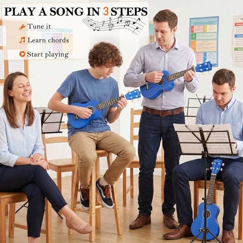 Image of Everjoys Soprano Ukulele Beginner Kit 21 Inch w /Free Online Lesson Gig Bag Tuner Picks Strap, Fast to Learn (Shinny Blue）