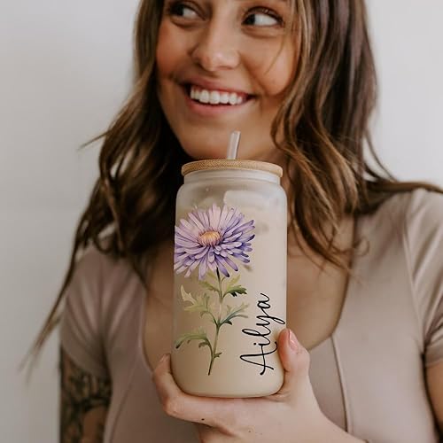 Miniatura 8 de Christmas Gift Personalized Tumbler Set with Straw Birth Flower Custom Glass Cup with Lid, Bridesmaid Proposal Christmas Gift Ideas for Women (Birth