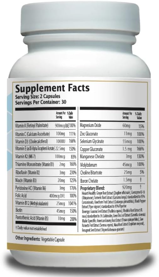 Men’s Multivitamin Supplement – Daily Energy, Immune & Heart Support – with Zinc, Magnesium, B12, CoQ10, Turmeric, Ginseng & More – 60 Vegetable Capsules – AnuMed - Image 2