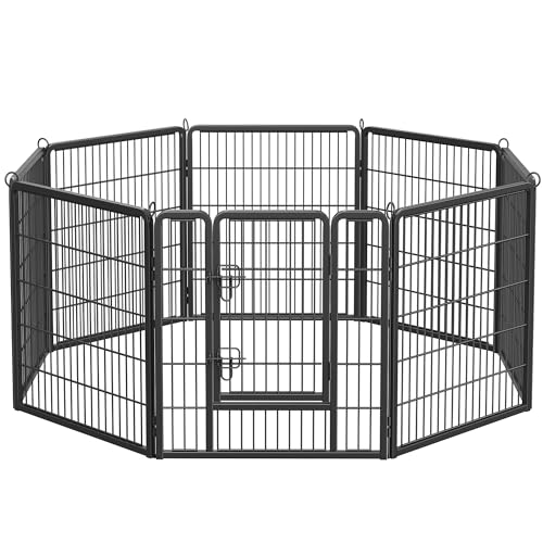 Feandrea Freilaufgehege, Laufstall DIY, mit 8 Gitterplatten je 77 x 80 cm, 2 L-förmige Riegel, transportabel, für innen und außen, extra große Haustiere ohne Halsband, schwarz PPK88H