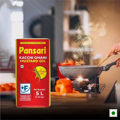 Image of Pansari Premium Kacchi Ghani Mustard Oil | Cold Pressed & Naturally Extracted | Fortified with Vitamin A & D | Rich in Omega 3 & 6 | Ideal for Cooking, Skin & Hair Care - 5L Tin